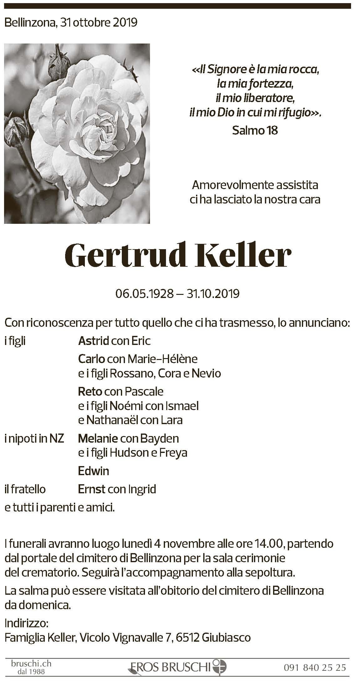 Annuncio funebre Gertrud Keller