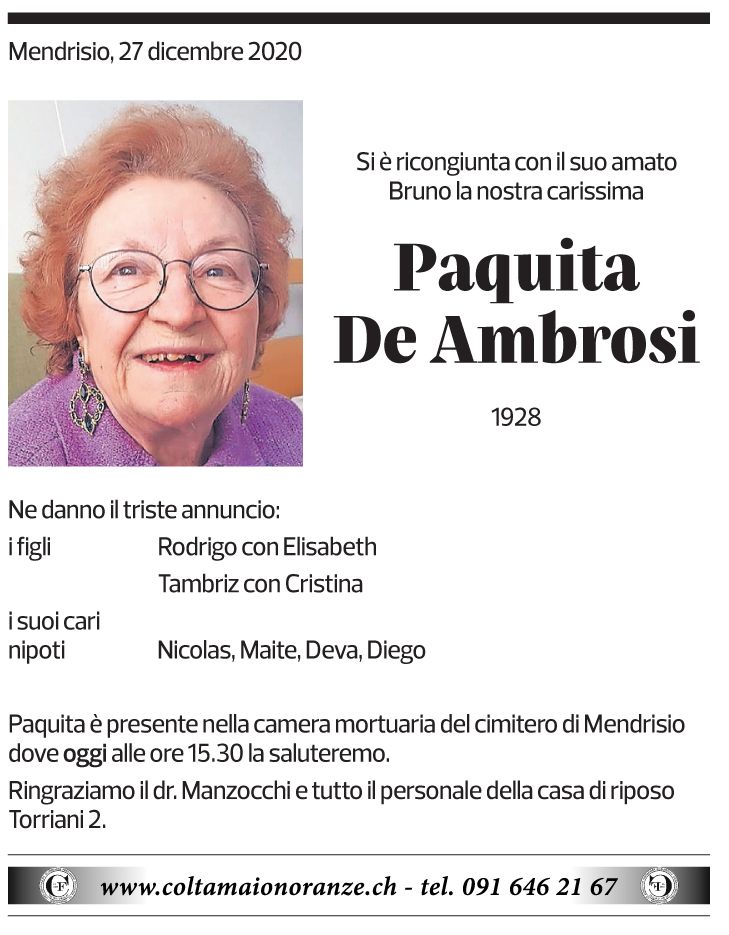 Annuncio funebre Paquita De Ambrosi