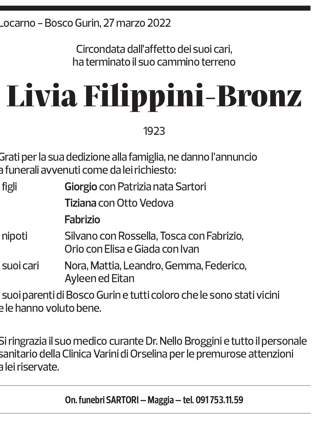 Annuncio funebre Livia Filippini-bronz