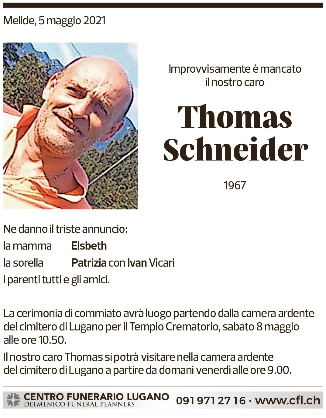 Annuncio funebre Thomas Schneider