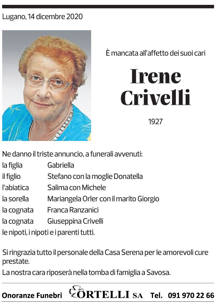 Annuncio funebre Irene Crivelli