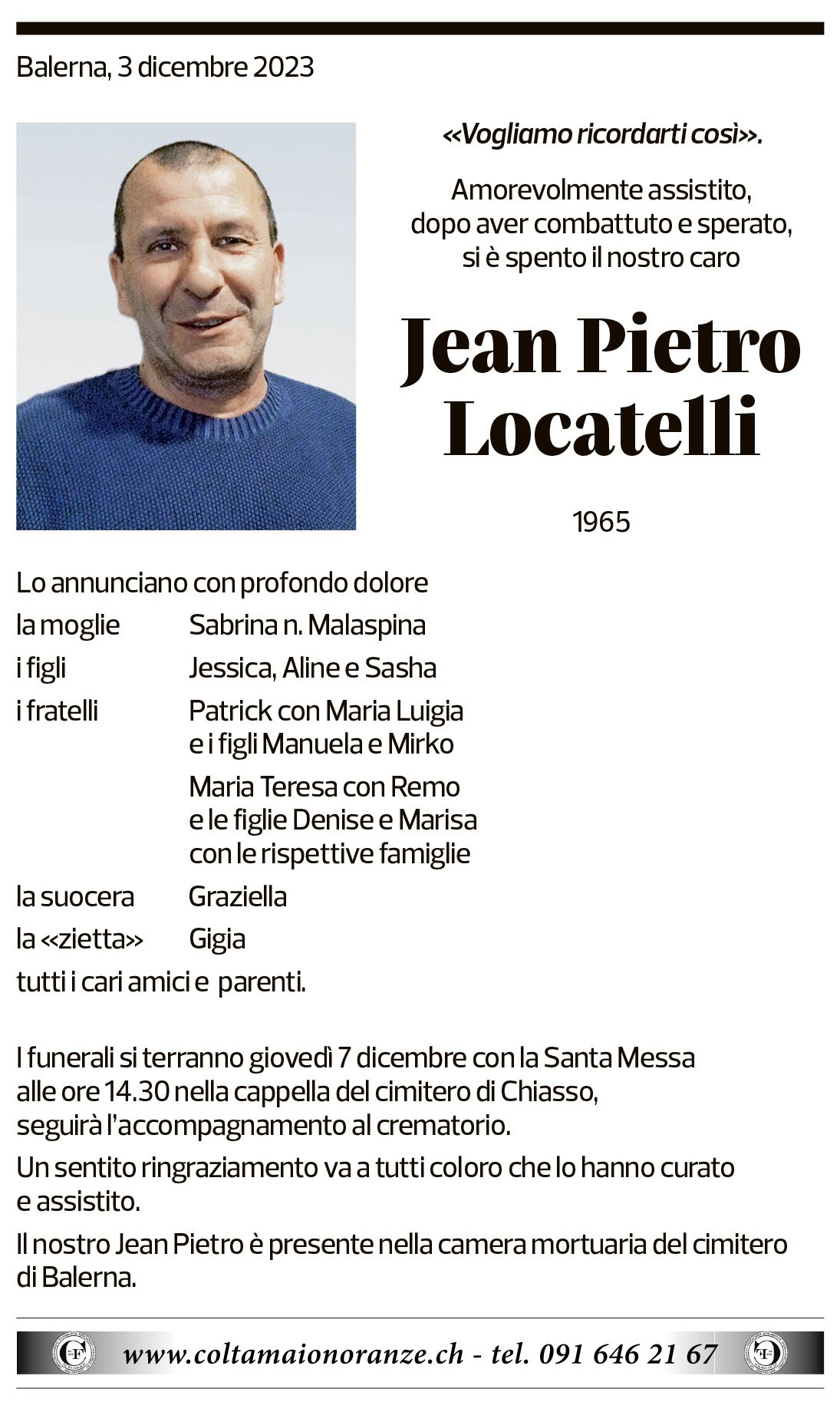 Annuncio funebre Jean Pietro Locatelli