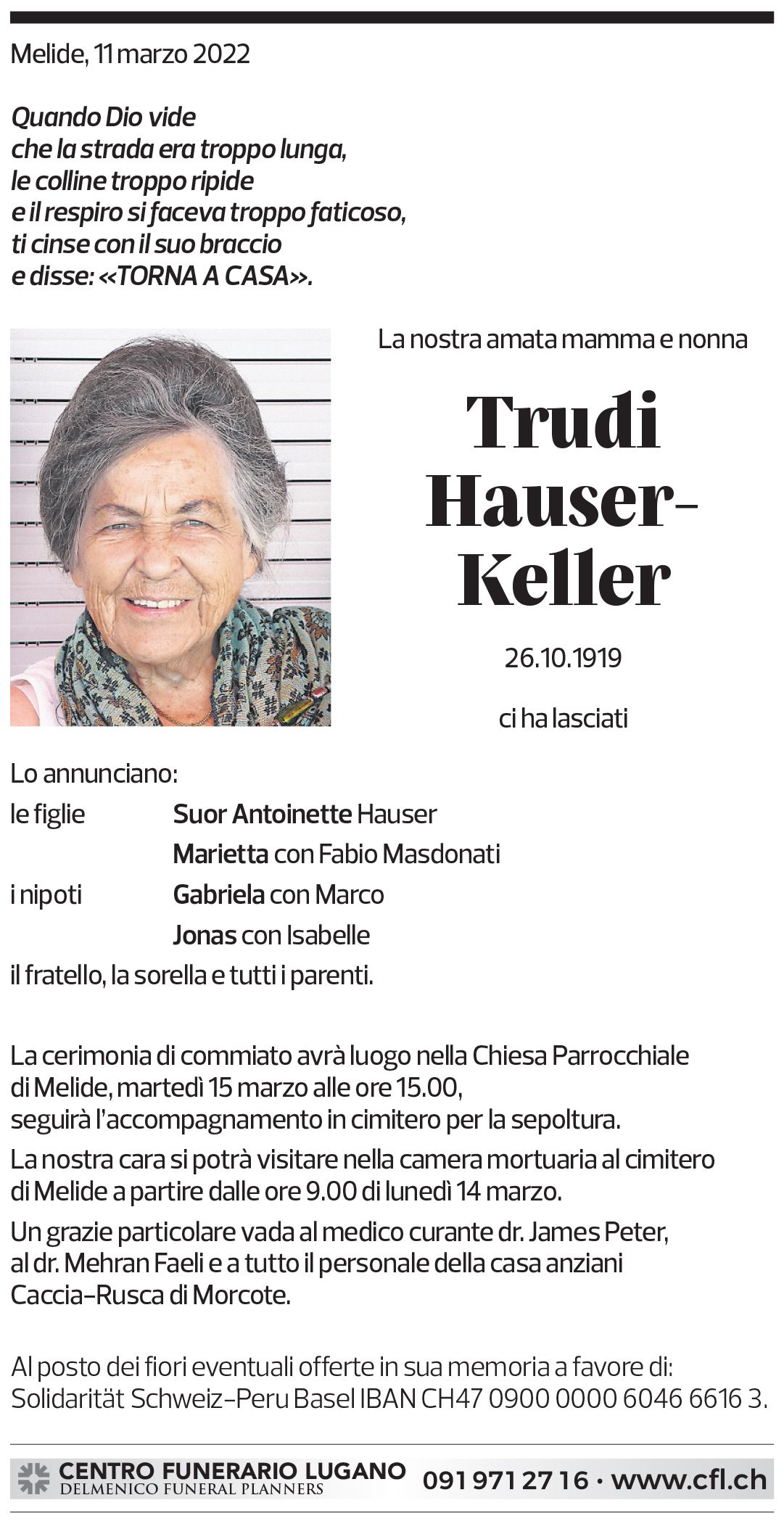 Annuncio funebre Trudi Hauser-keller