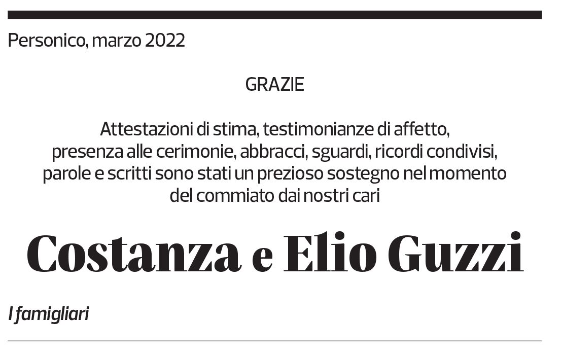 Annuncio funebre Costanza E Elio Guzzi