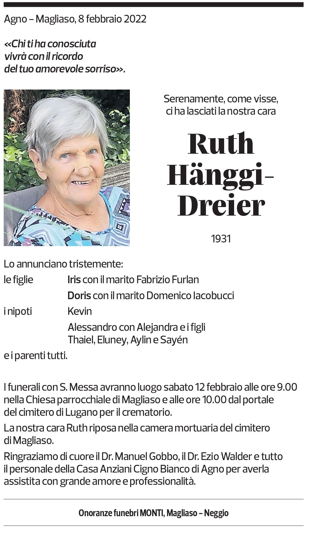 Annuncio funebre Ruth Hänggi-dreier