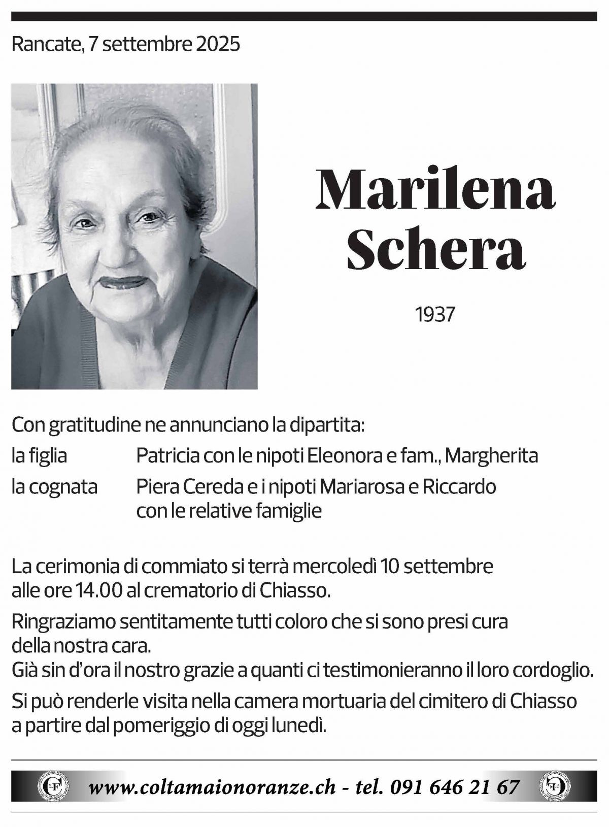 Annuncio funebre Marilena Schera