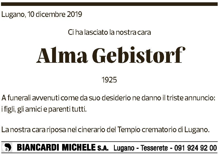 Annuncio funebre Alma Gebistorf
