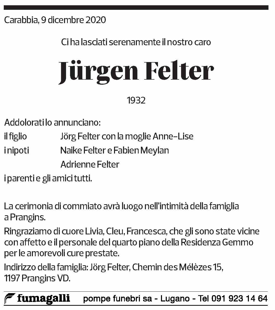 Annuncio funebre Jürgen Felter