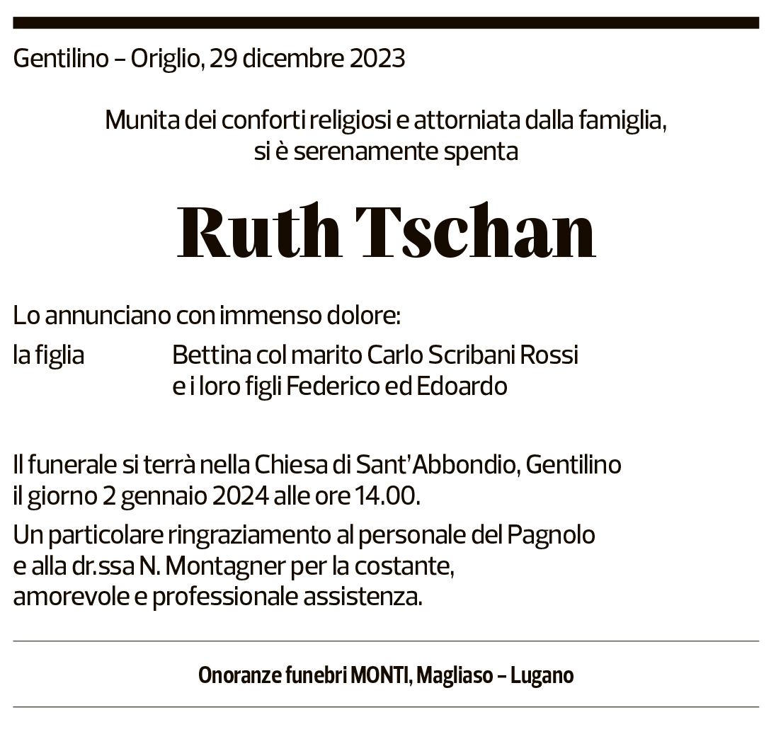 Annuncio funebre Ruth Tschan