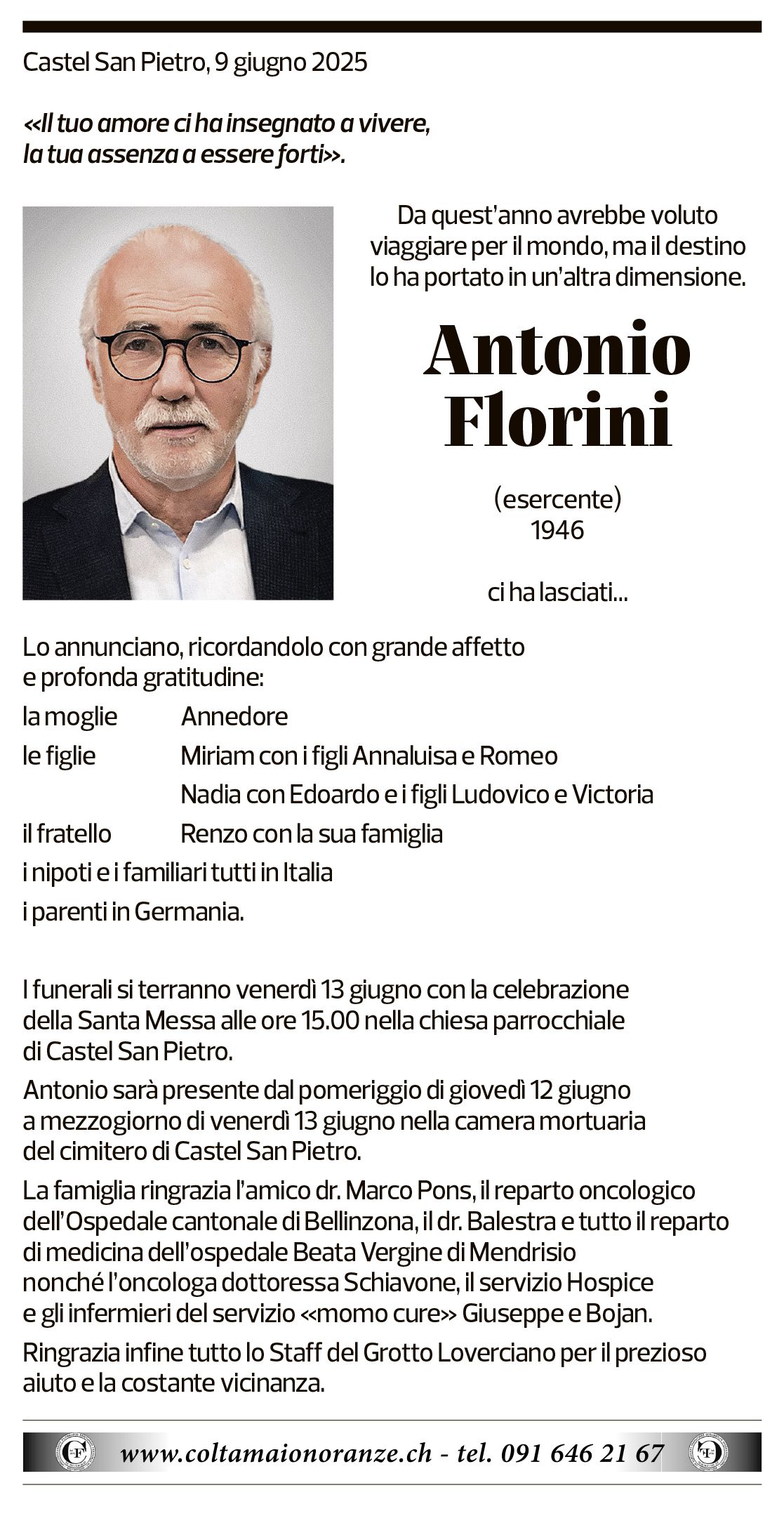 Annuncio funebre Antonio Florini