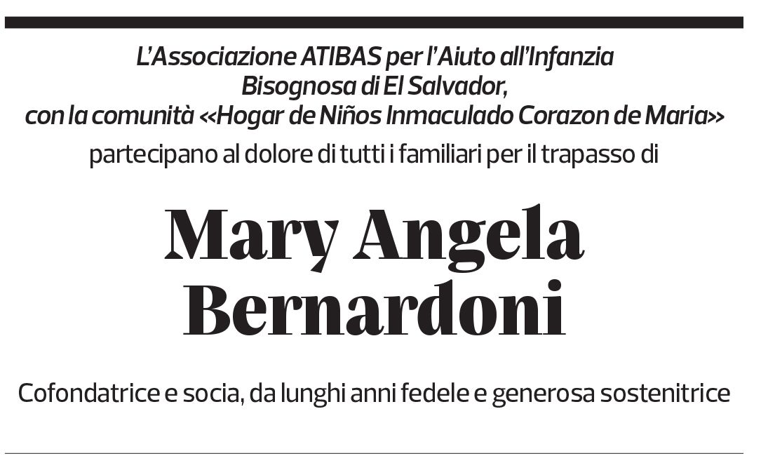 Annuncio funebre Mary Angela Bernardoni