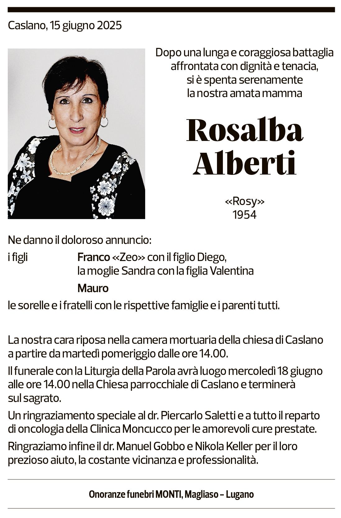 Annuncio funebre Rosalba Alberti