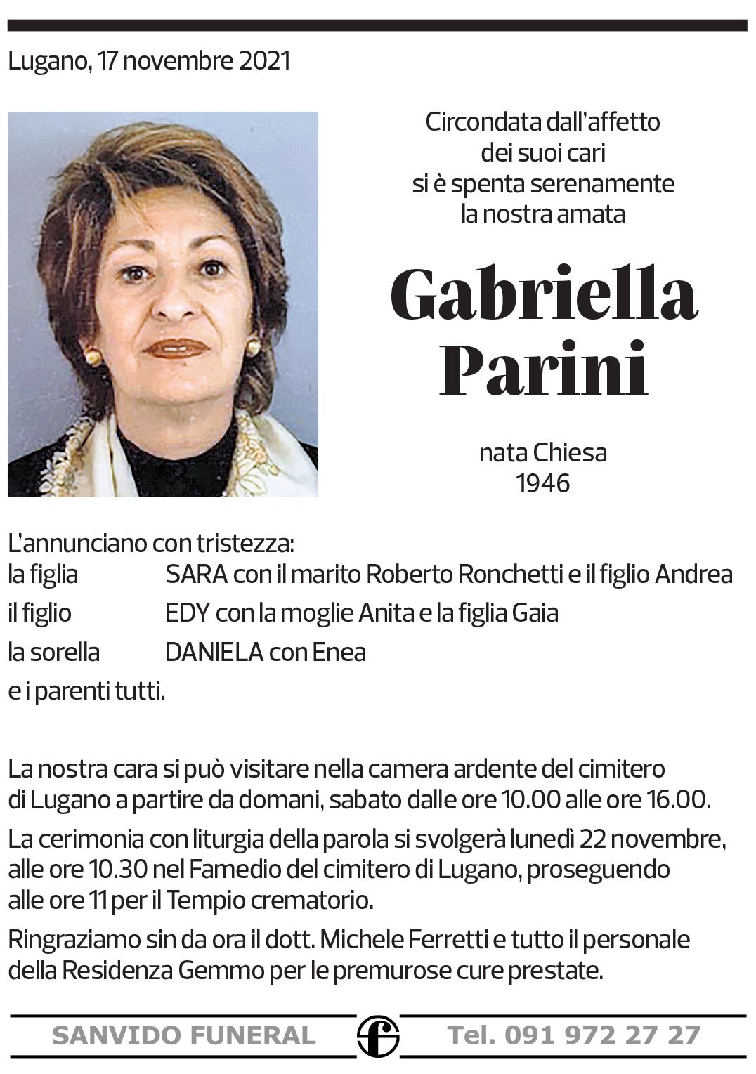 Annuncio funebre Gabriella Parini