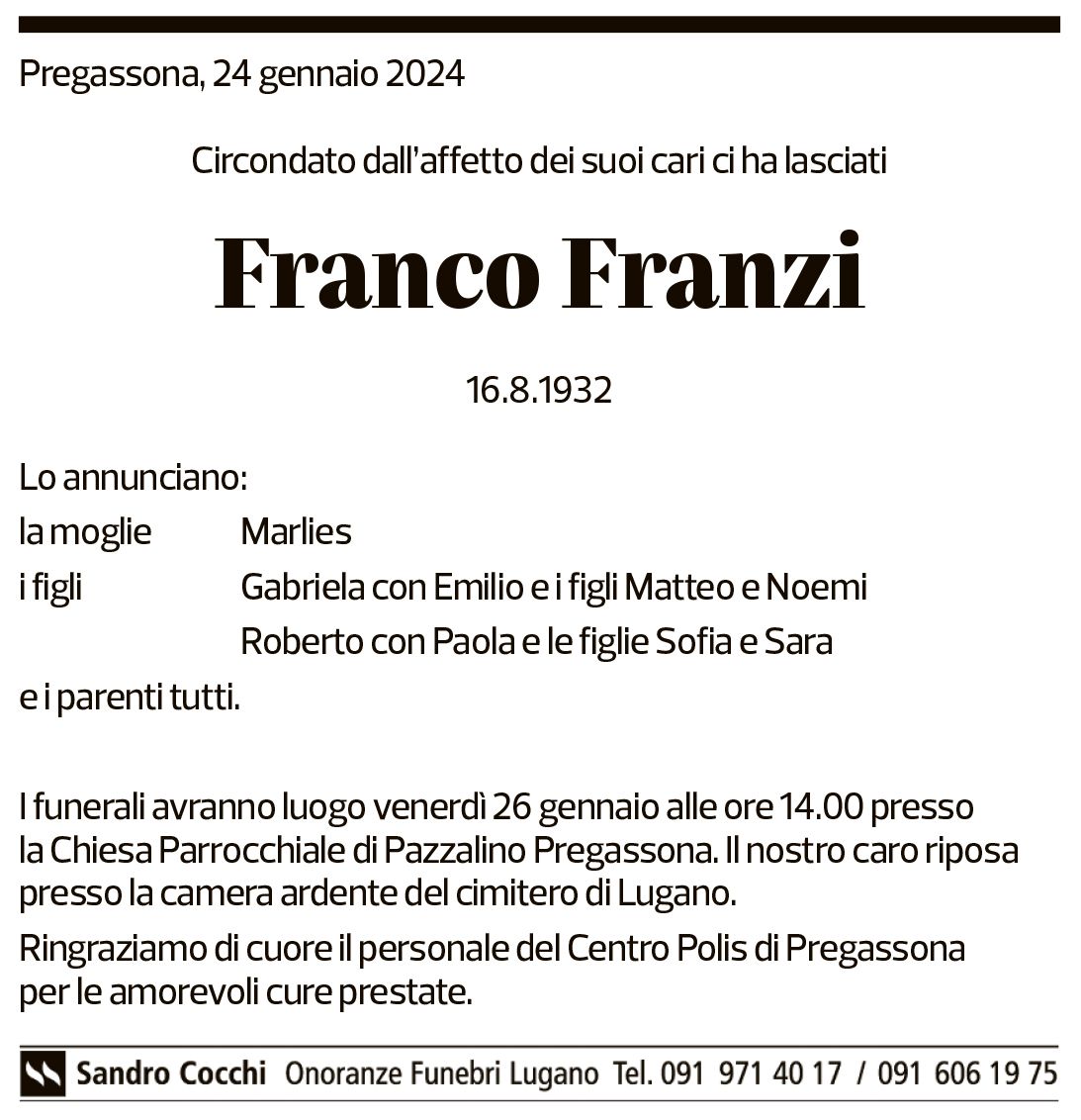 Annuncio funebre Franco Franzi