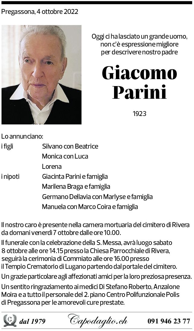 Annuncio funebre Giacomo Parini