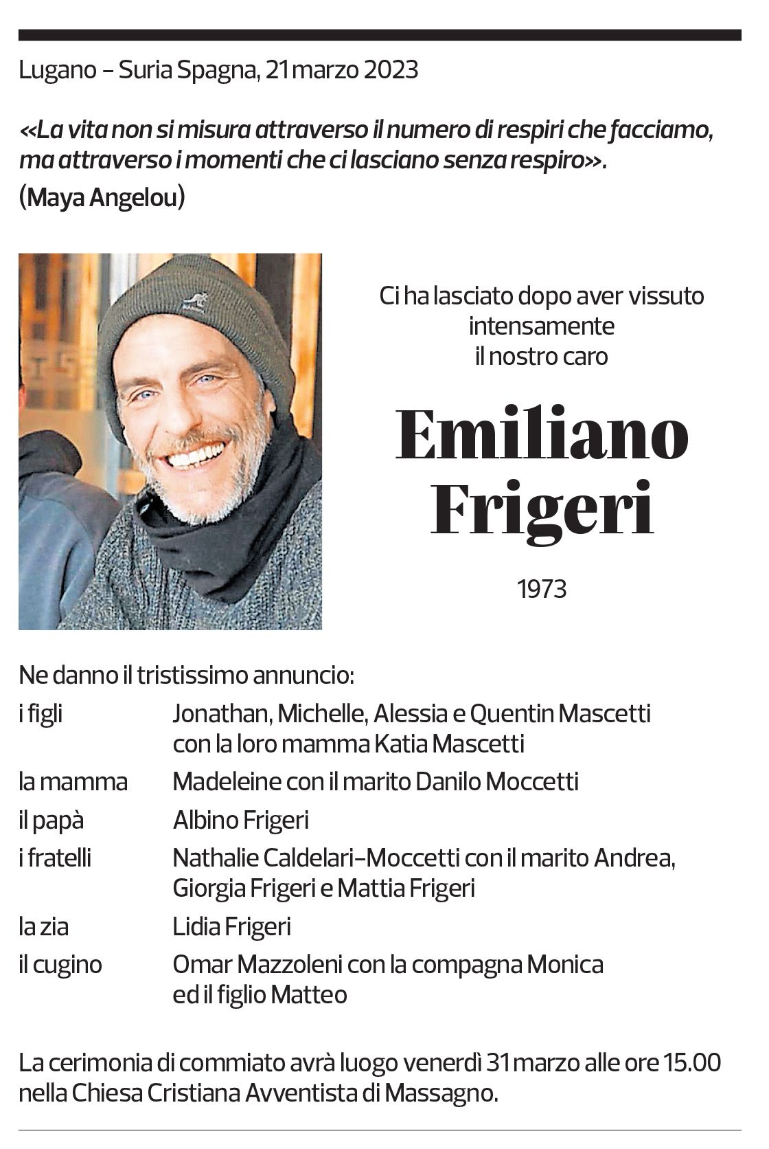 Annuncio funebre Emiliano Frigeri