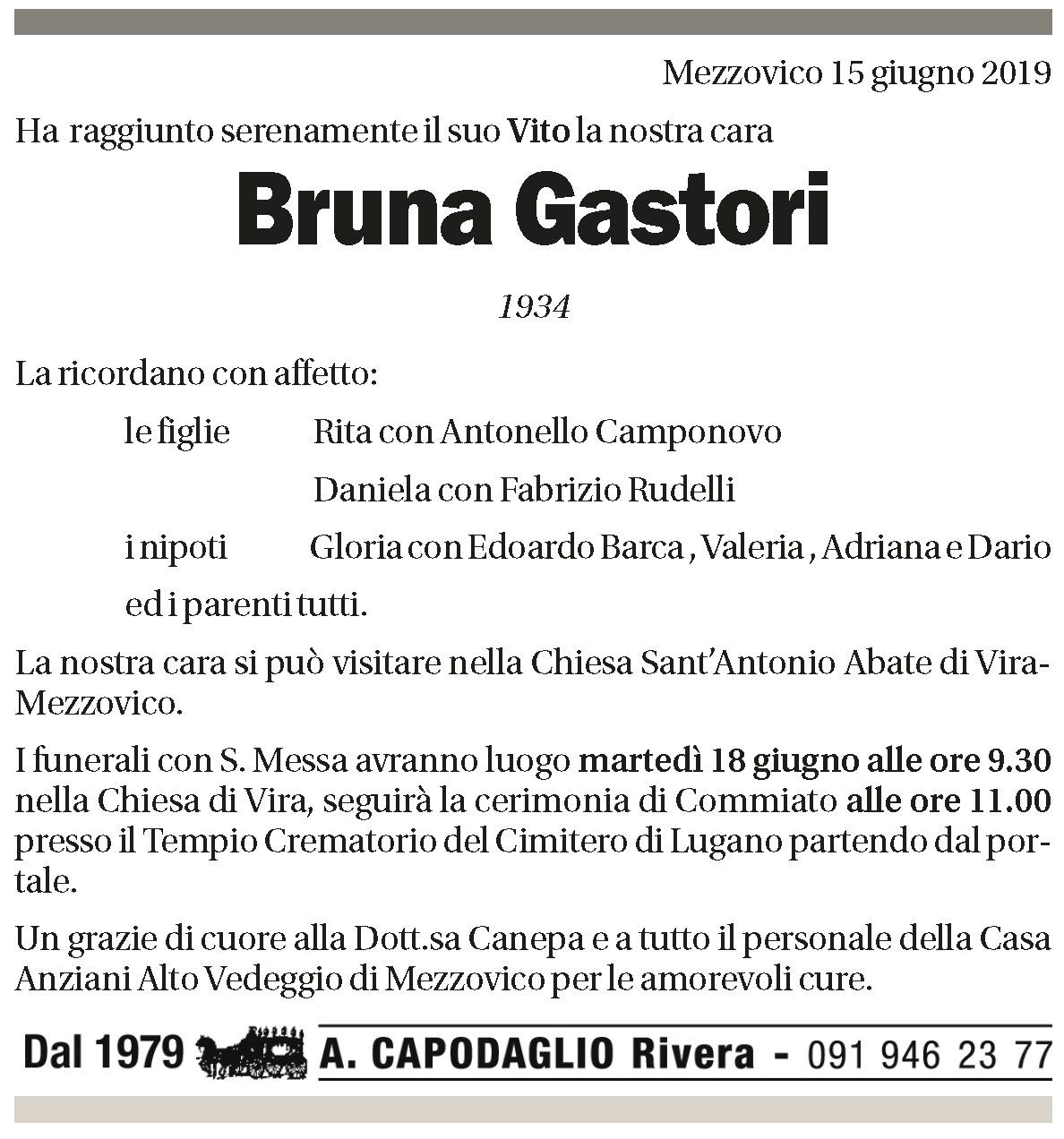 Annuncio funebre Bruna Gastori
