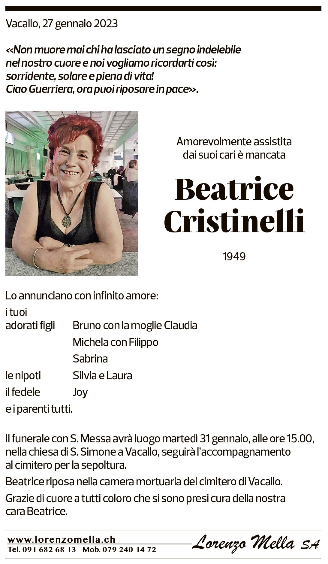 Annuncio funebre Beatrice Cristinelli