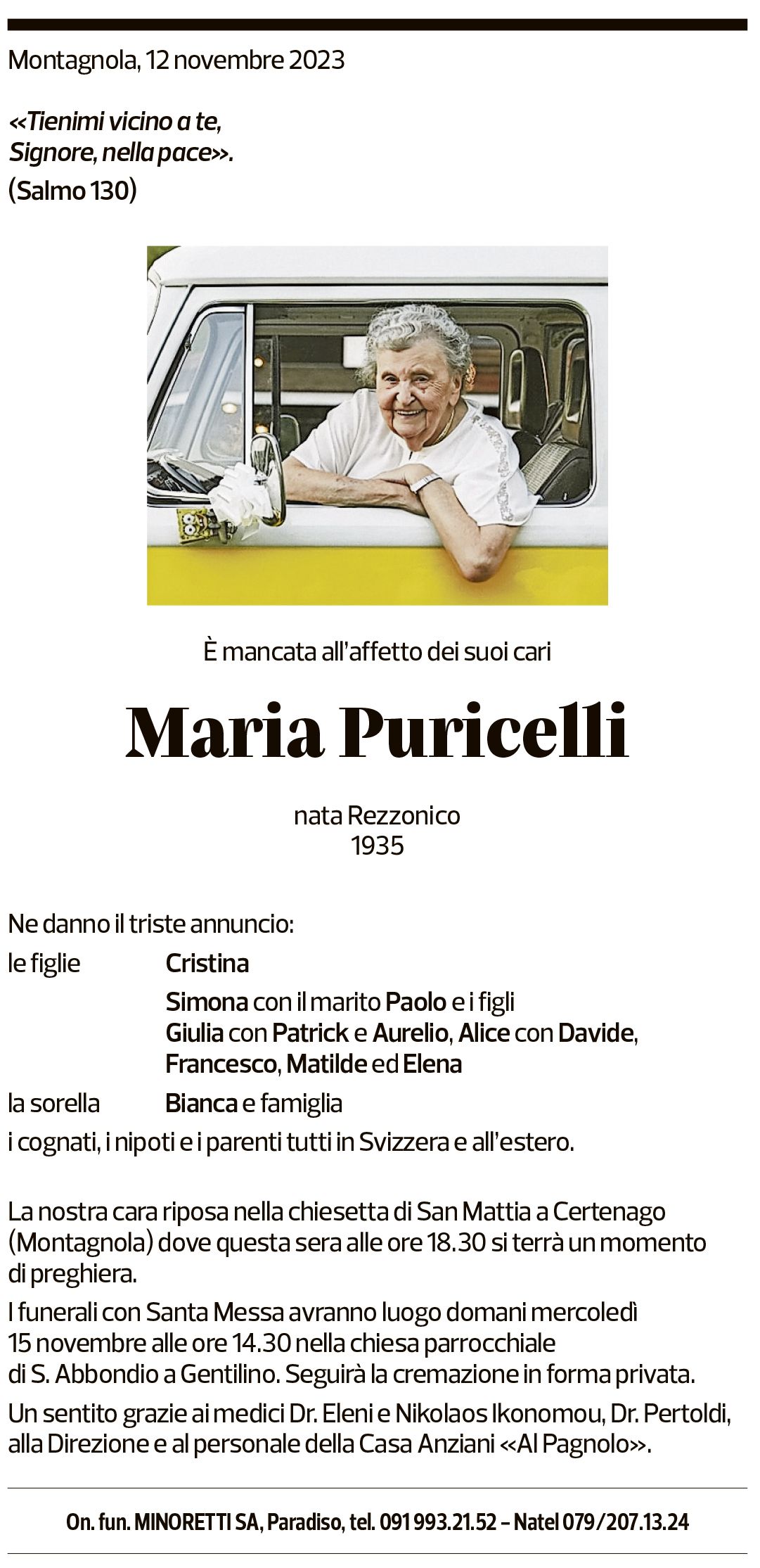 Annuncio funebre Maria Puricelli