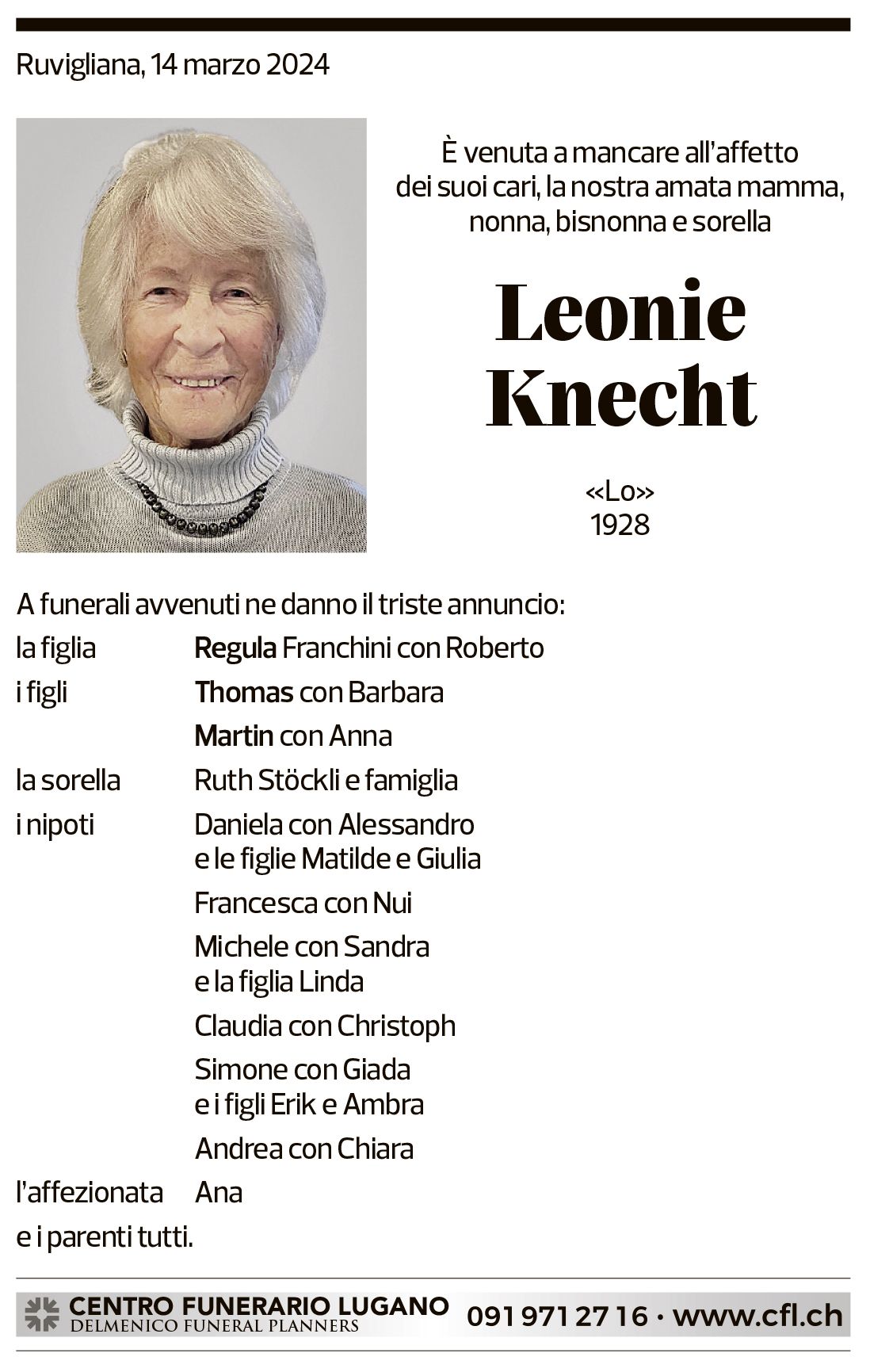 Annuncio funebre Leonie Knecht