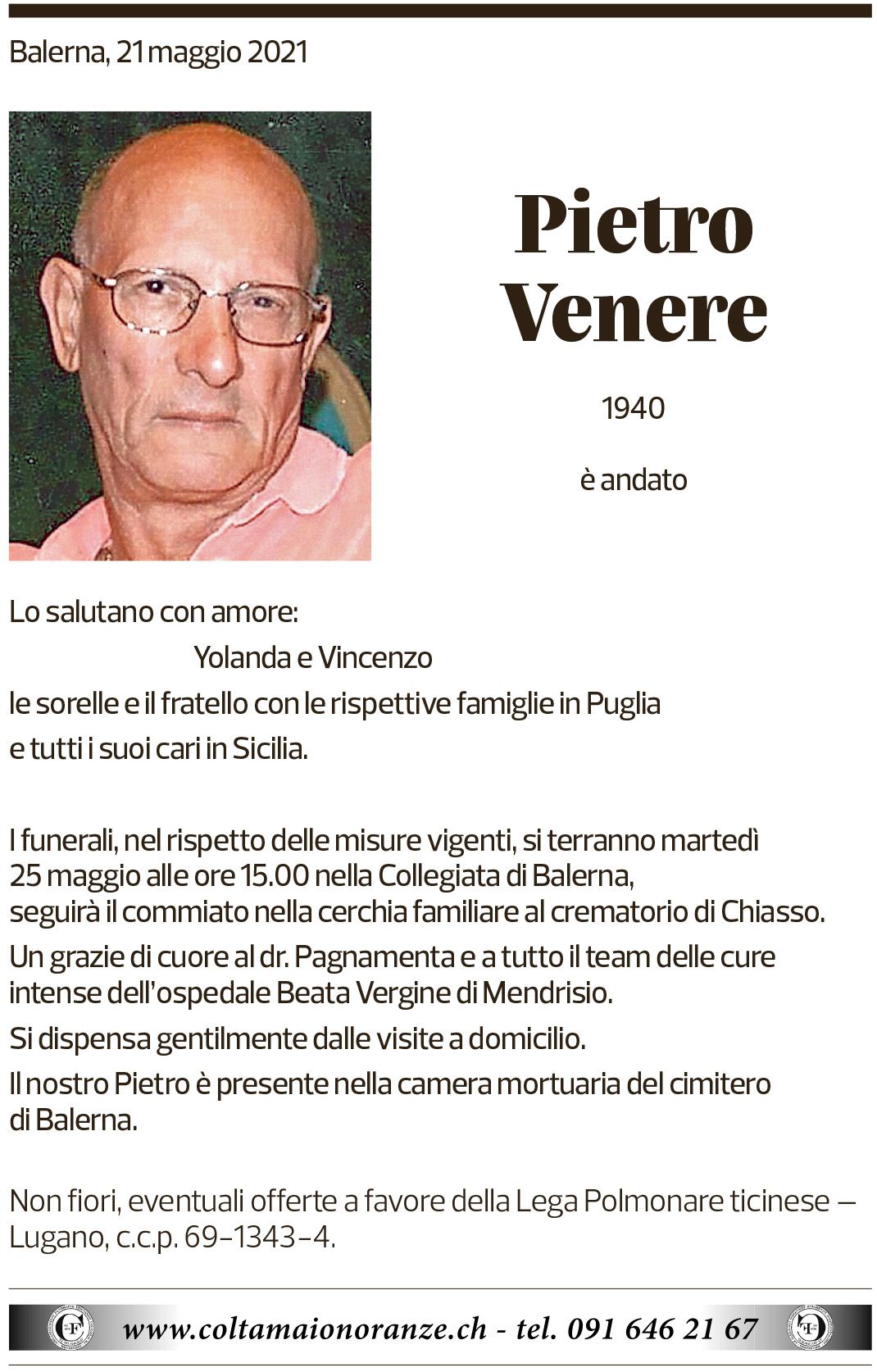 Annuncio funebre Pietro Venere