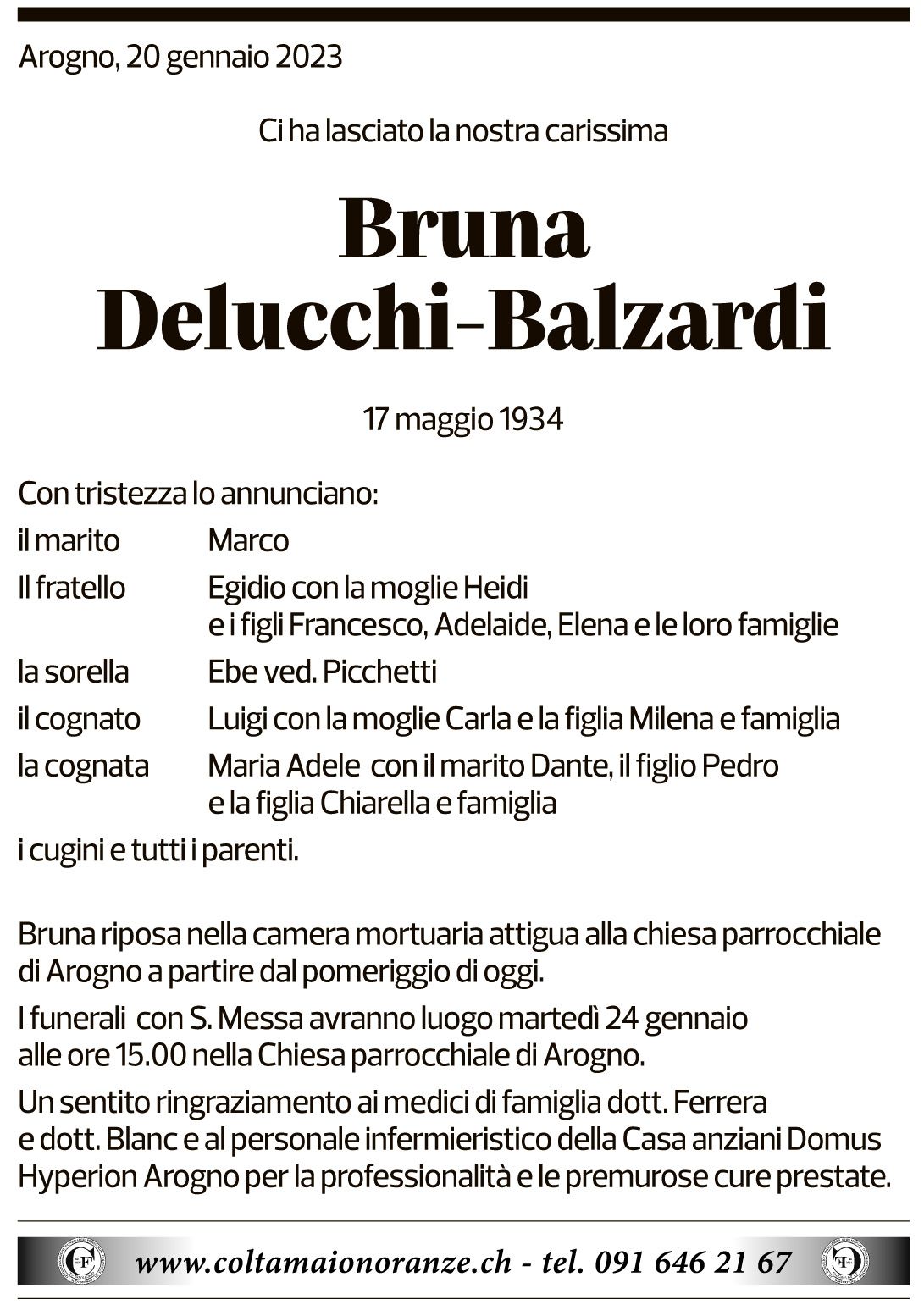 Annuncio funebre Bruna Delucchi-balzardi