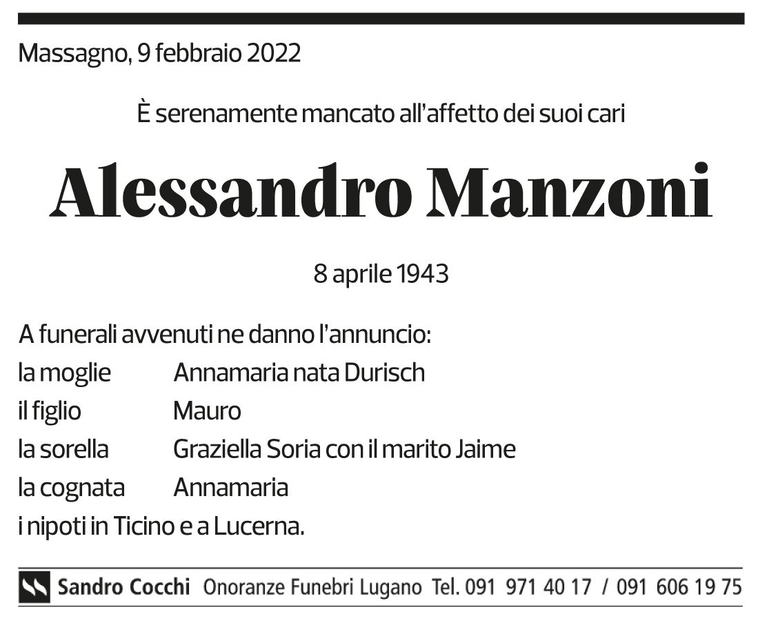 Annuncio funebre Alessandro Manzoni