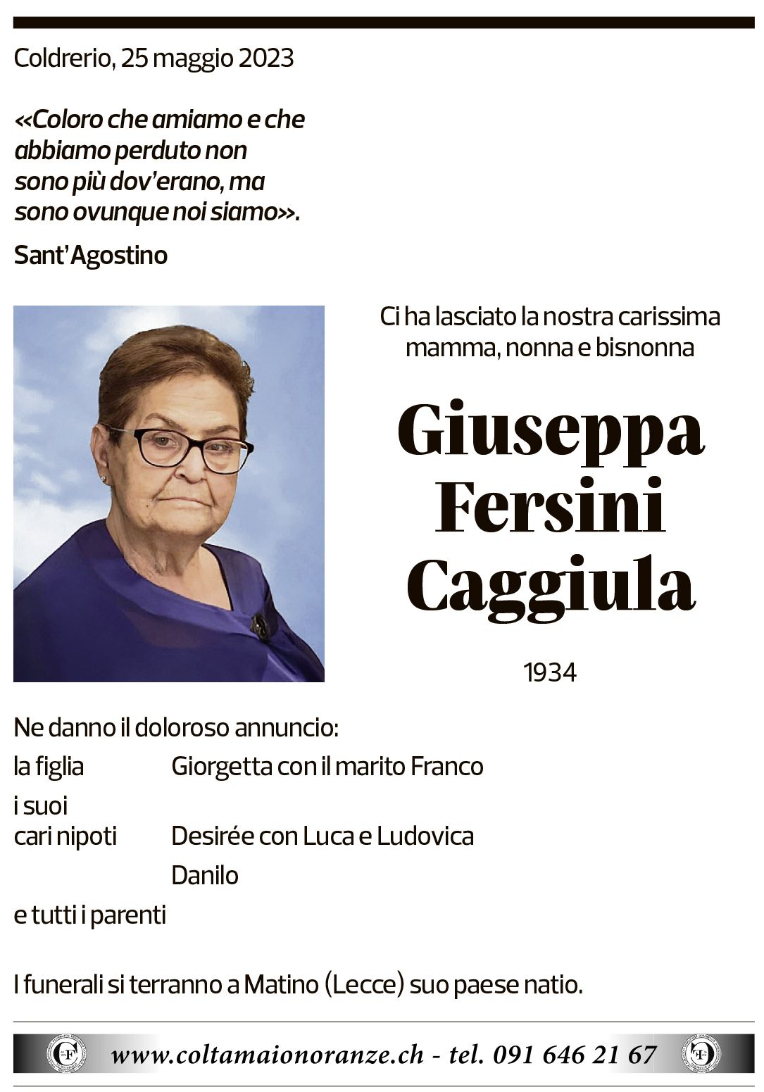 Annuncio funebre Giuseppina Fersini Caggiula