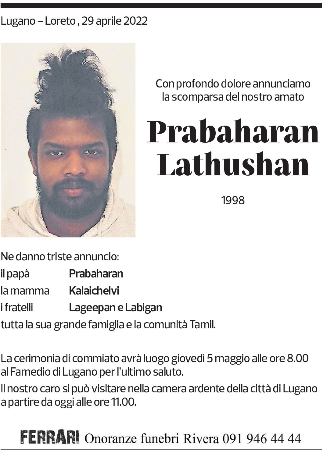 Annuncio funebre Prabaharan Lathushan