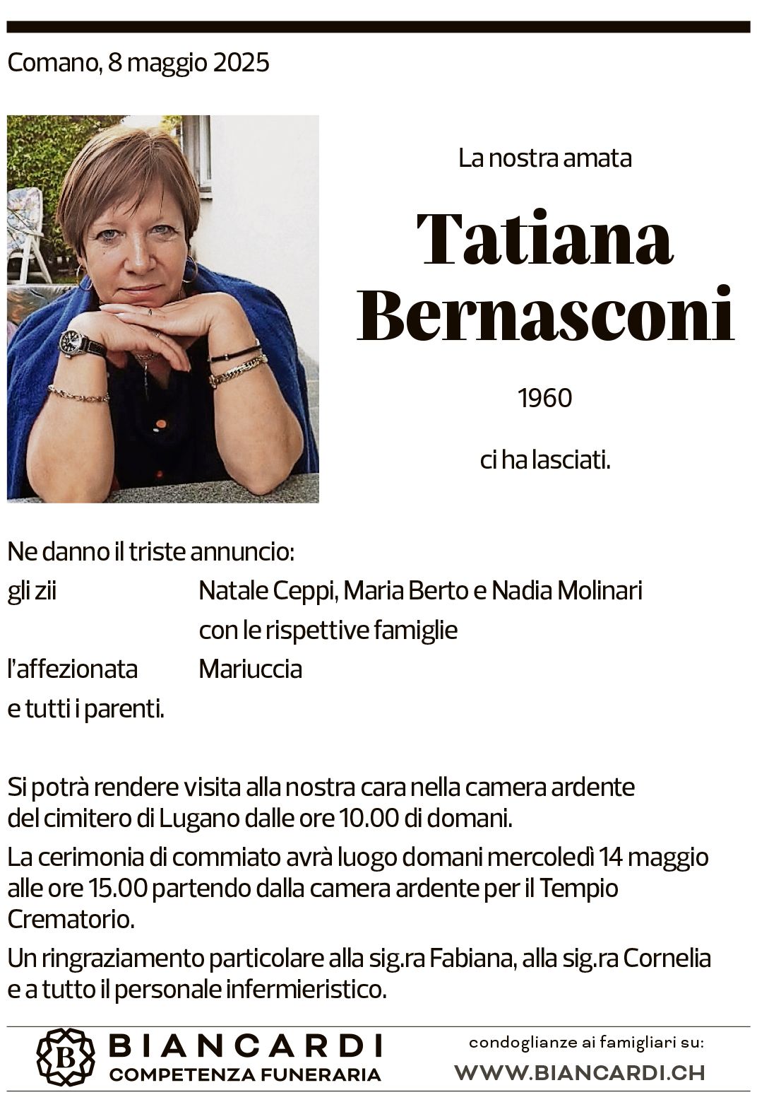 Annuncio funebre Tatiana Bernasconi