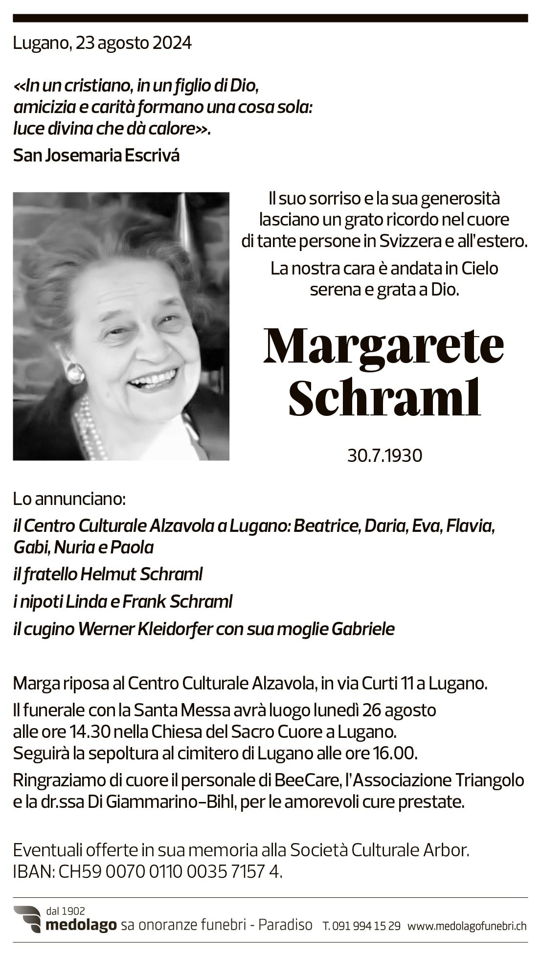 Annuncio funebre Margarete Schraml