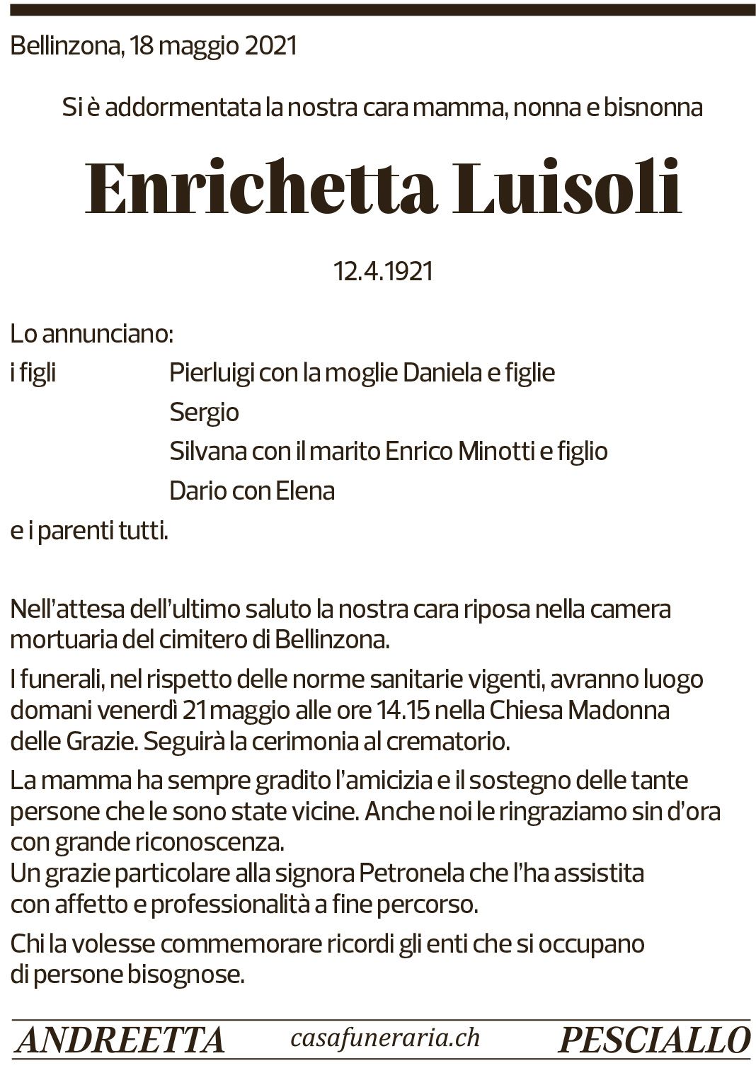 Annuncio funebre Enrichetta Luisoli