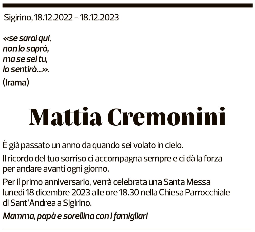 Annuncio funebre Mattia Cremonini