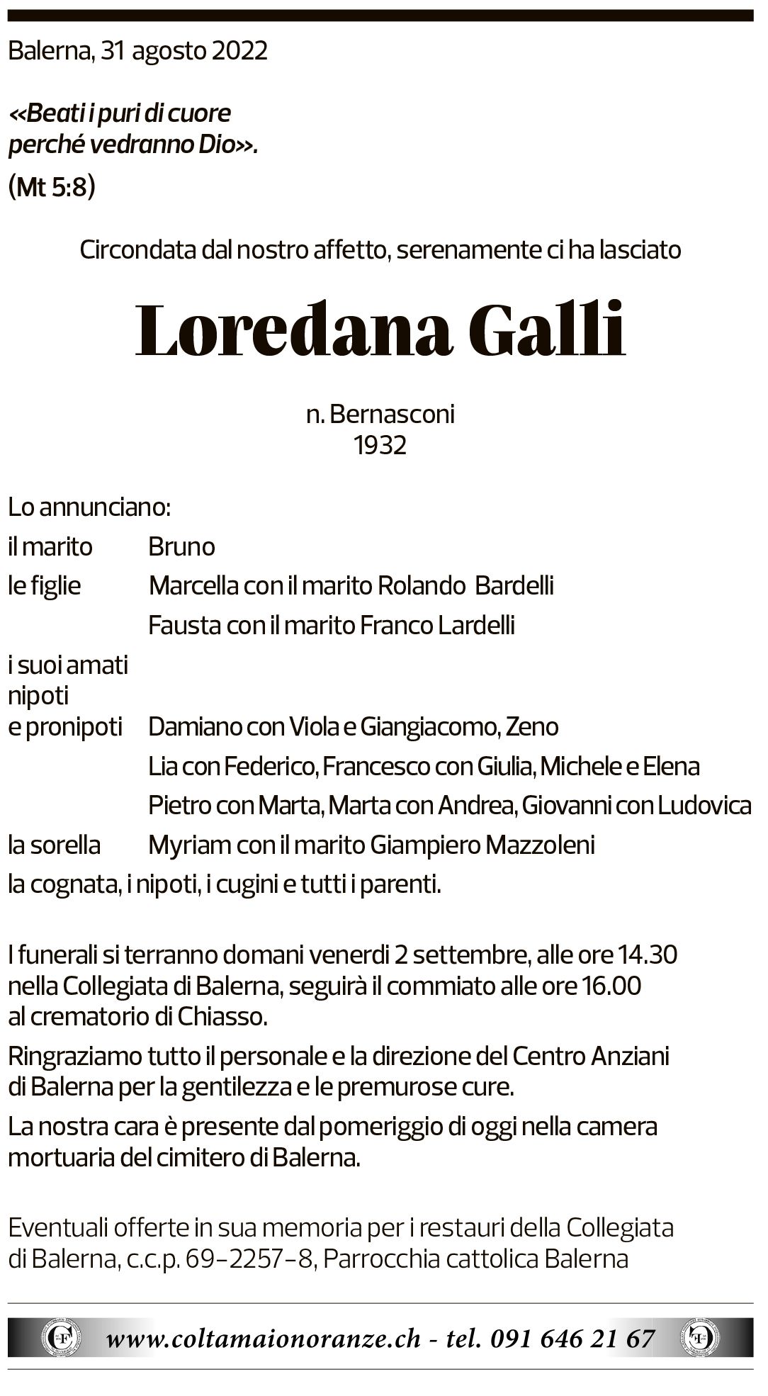 Annuncio funebre Loredana Galli