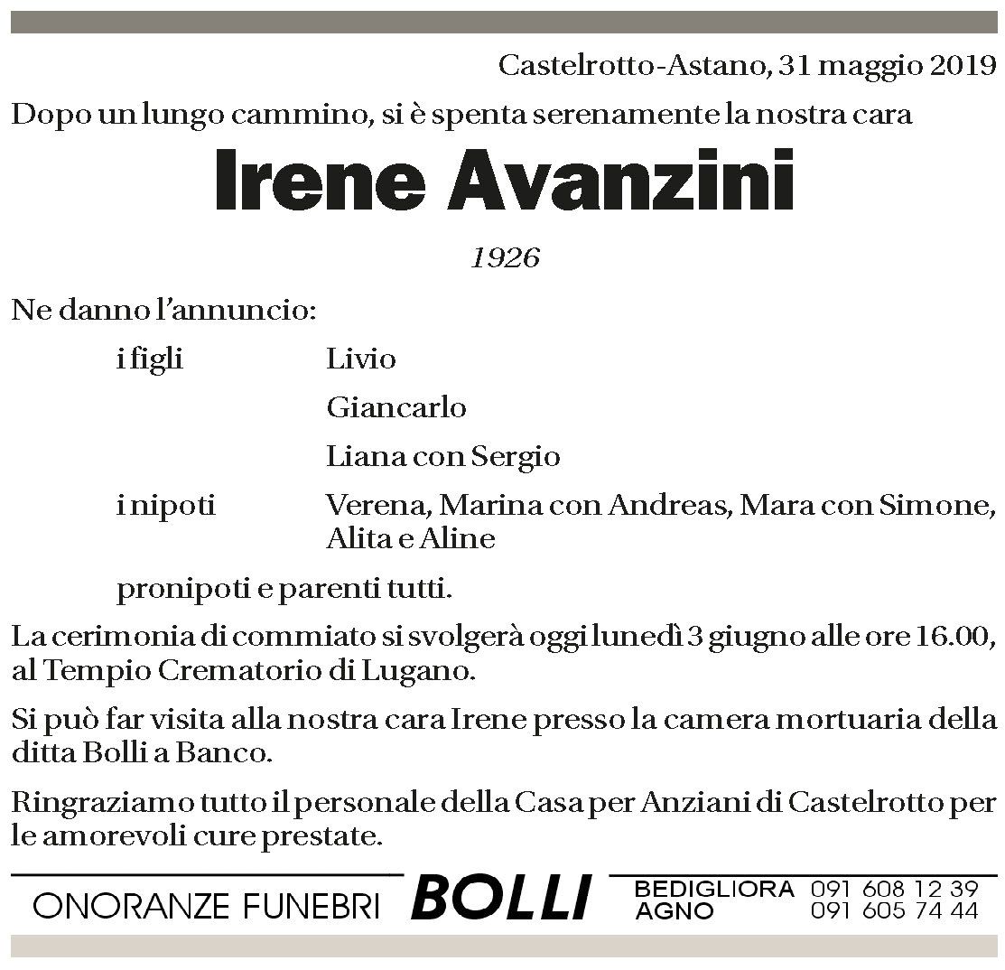 Annuncio funebre Irene Avanzini