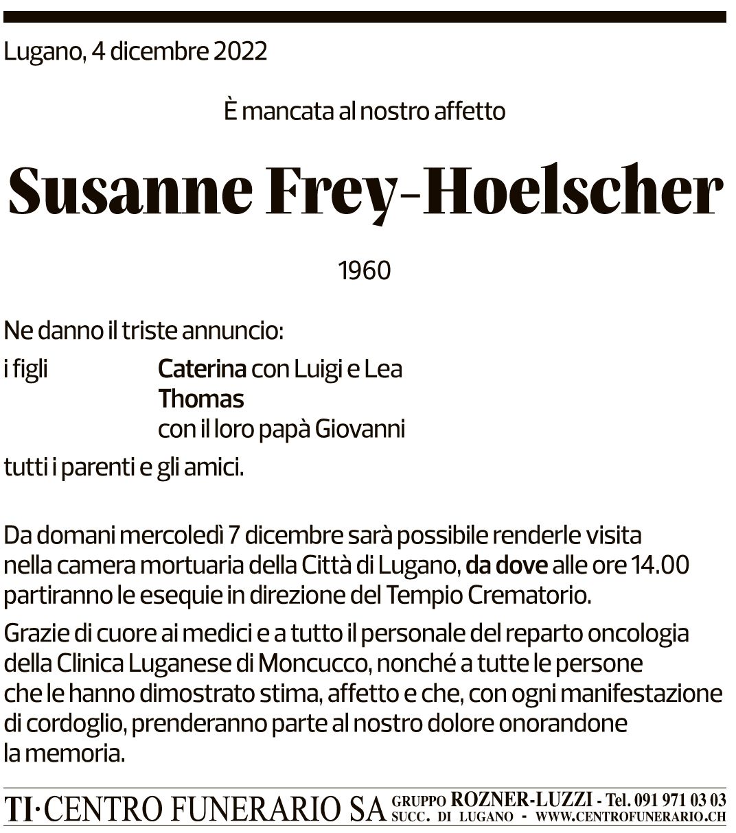 Annuncio funebre Susanne Frey-hoelscher