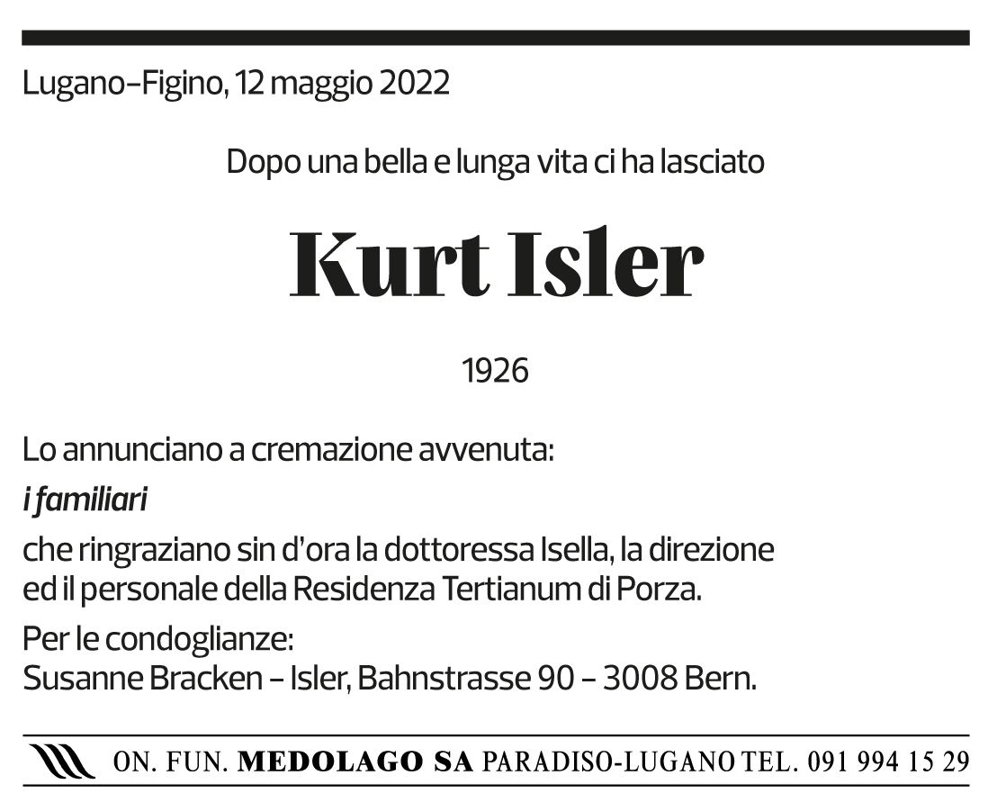 Annuncio funebre Kurt Isler