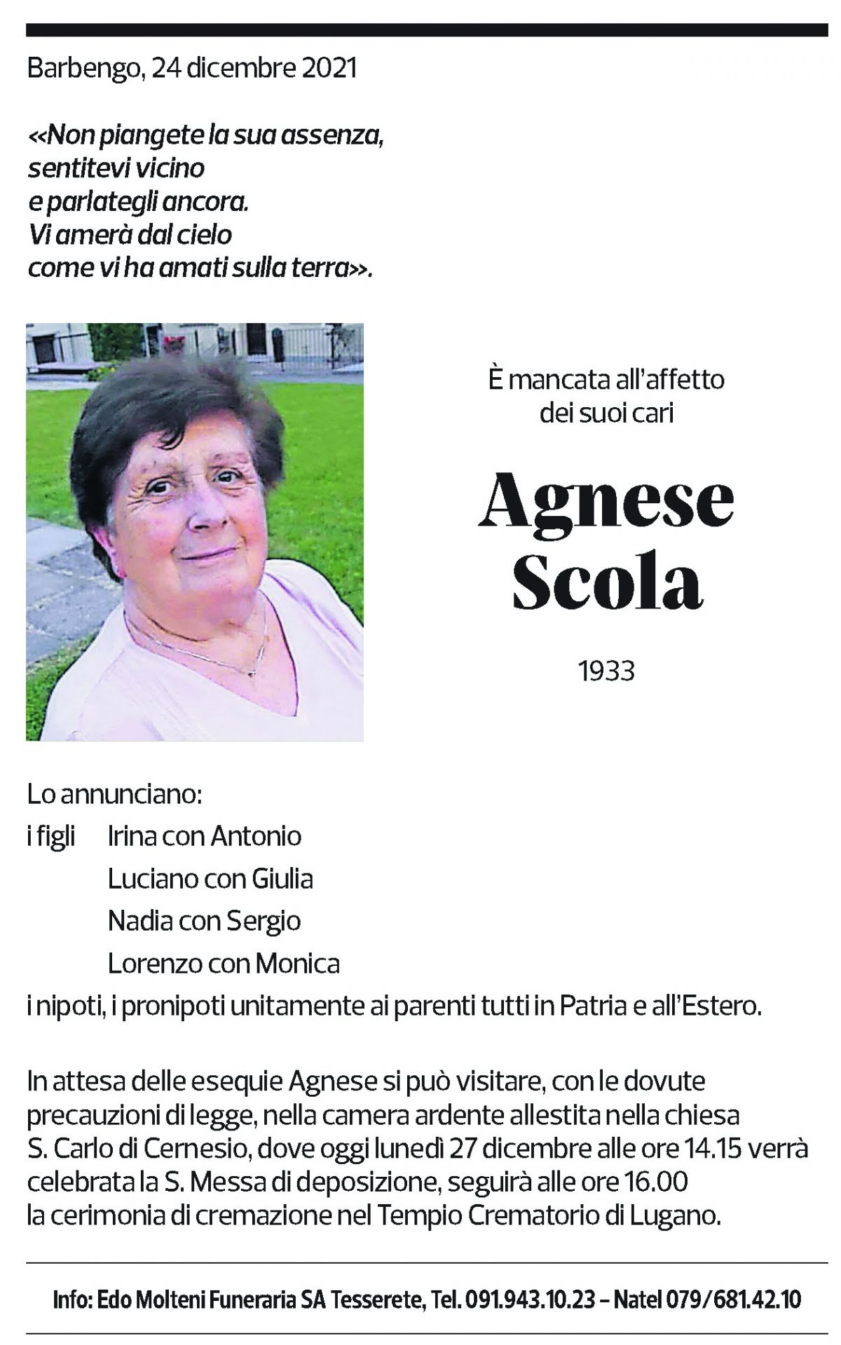 Annuncio funebre Agnese Scola