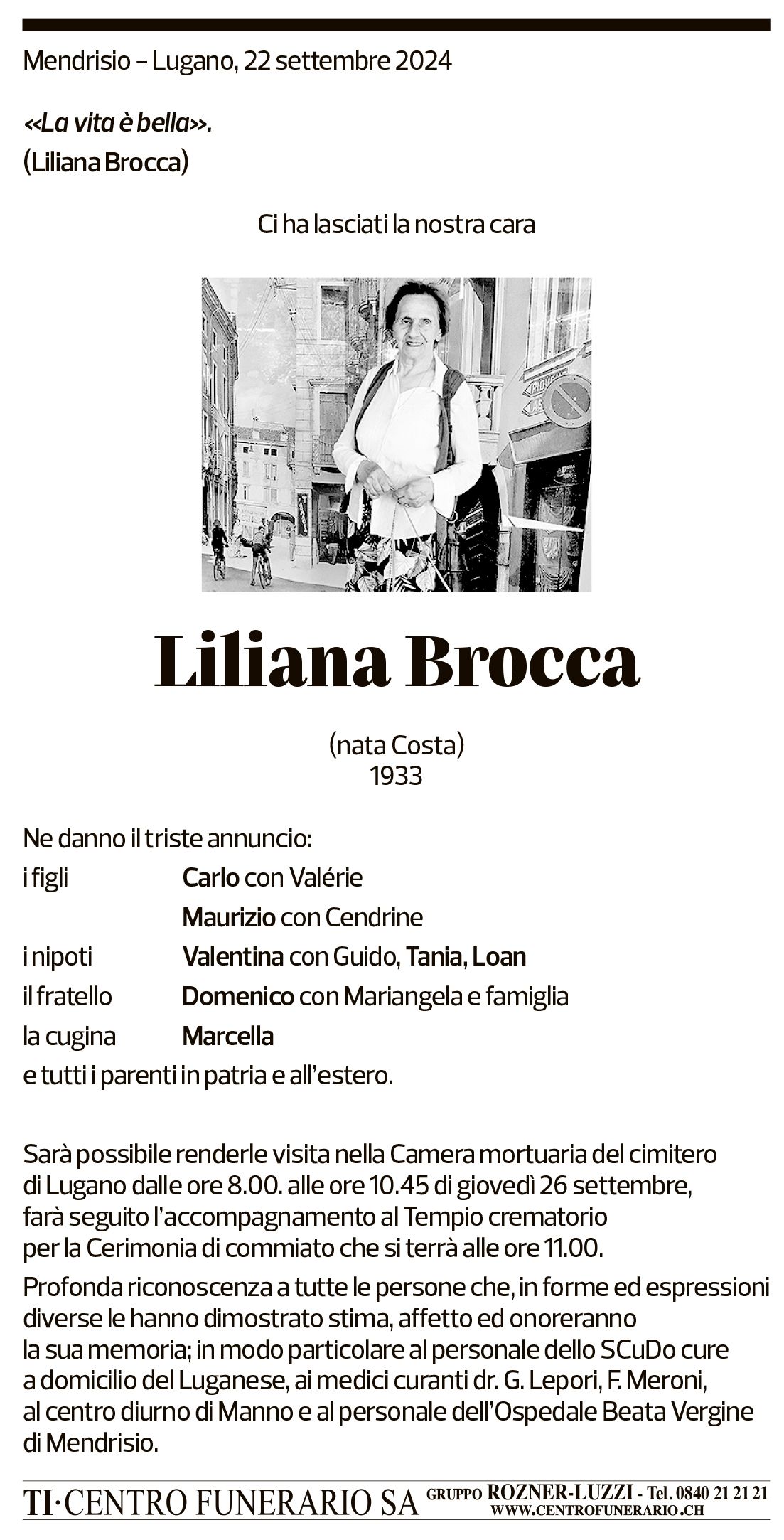 Annuncio funebre Liliana Brocca