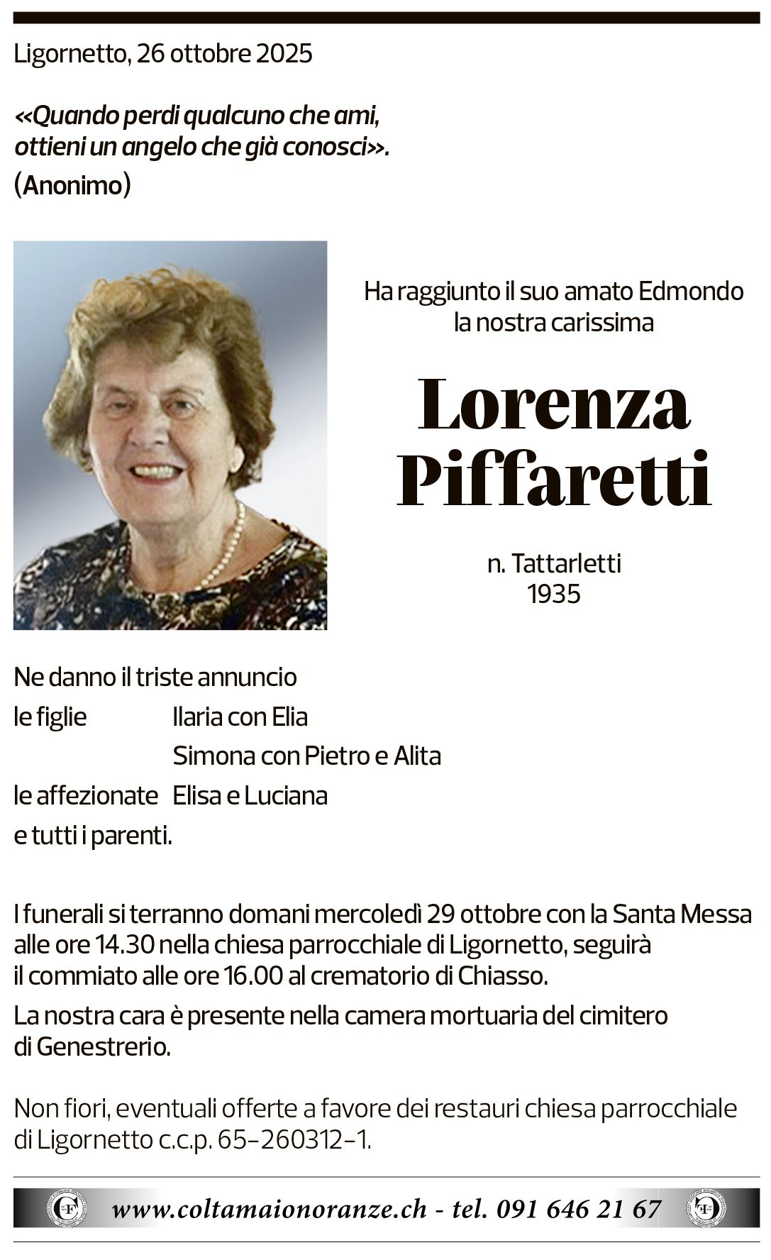 Annuncio funebre Lorenza Piffaretti