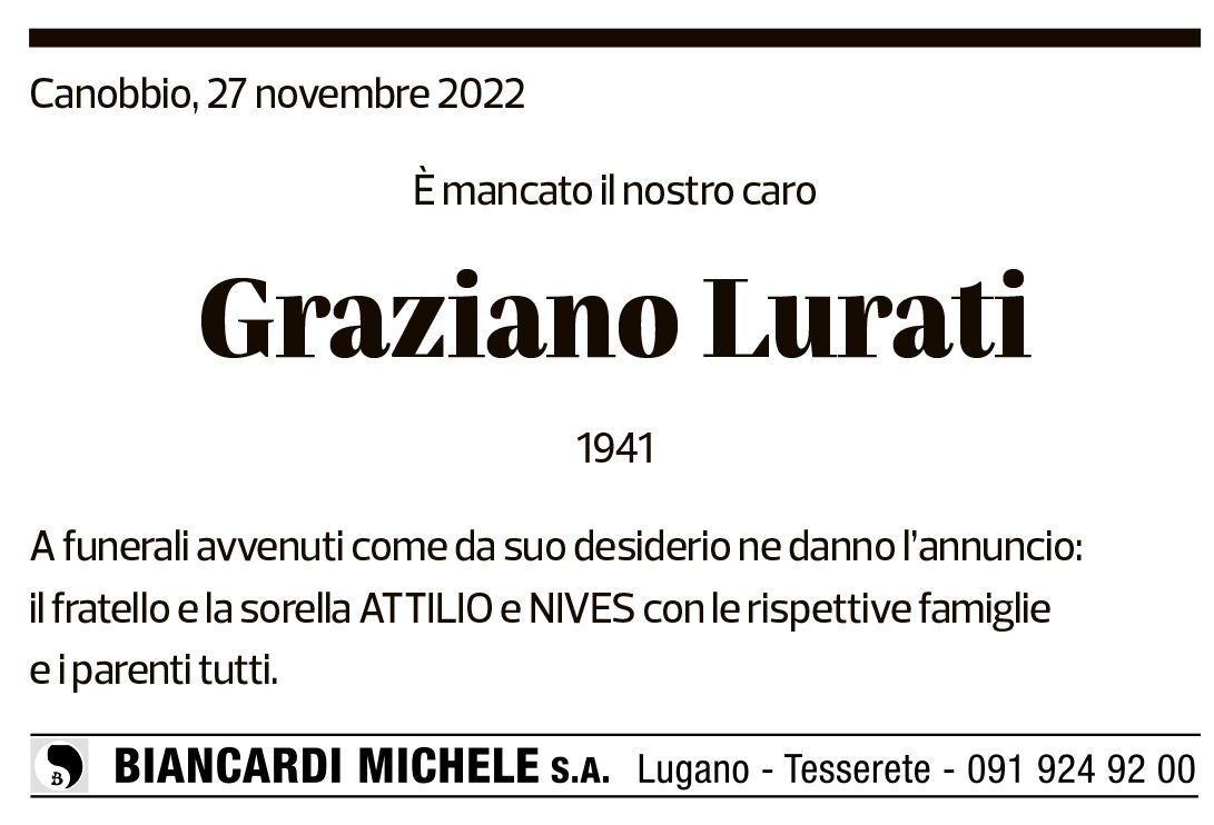 Annuncio funebre Graziano Lurati