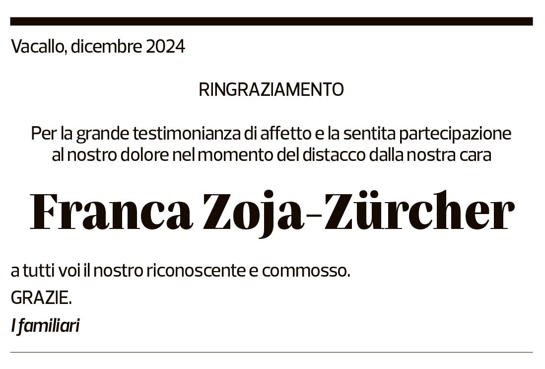 Annuncio funebre Franca Zoja-zürcher