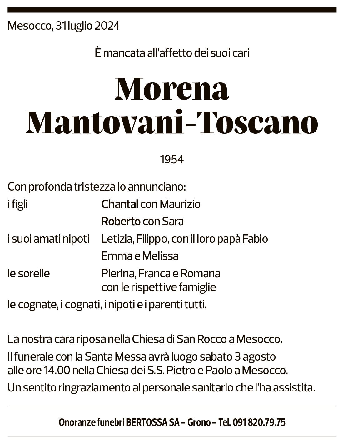 Annuncio funebre Morena Mantovani-toscano