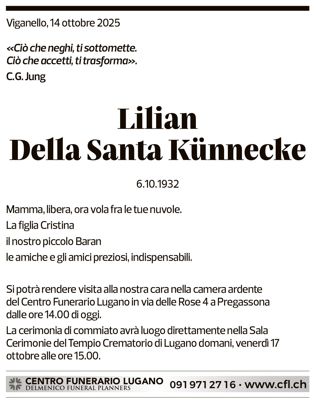 Annuncio funebre Lilian Della Santa Künnecke
