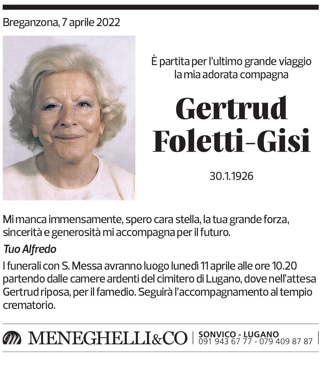 Annuncio funebre Gertrud Foletti-gisi