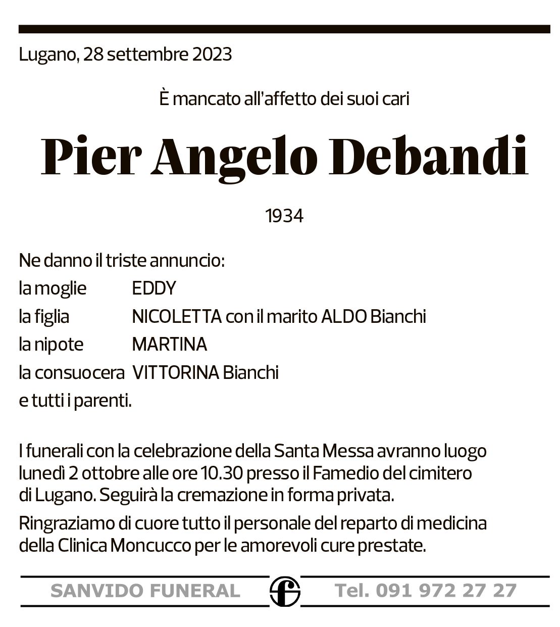 Annuncio funebre Pier Angelo Debandi