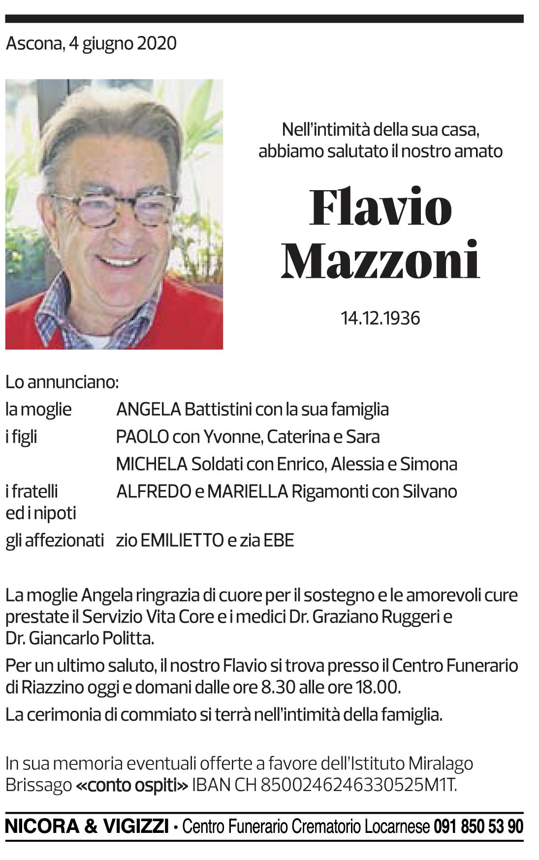Annuncio funebre Flavio Mazzoni
