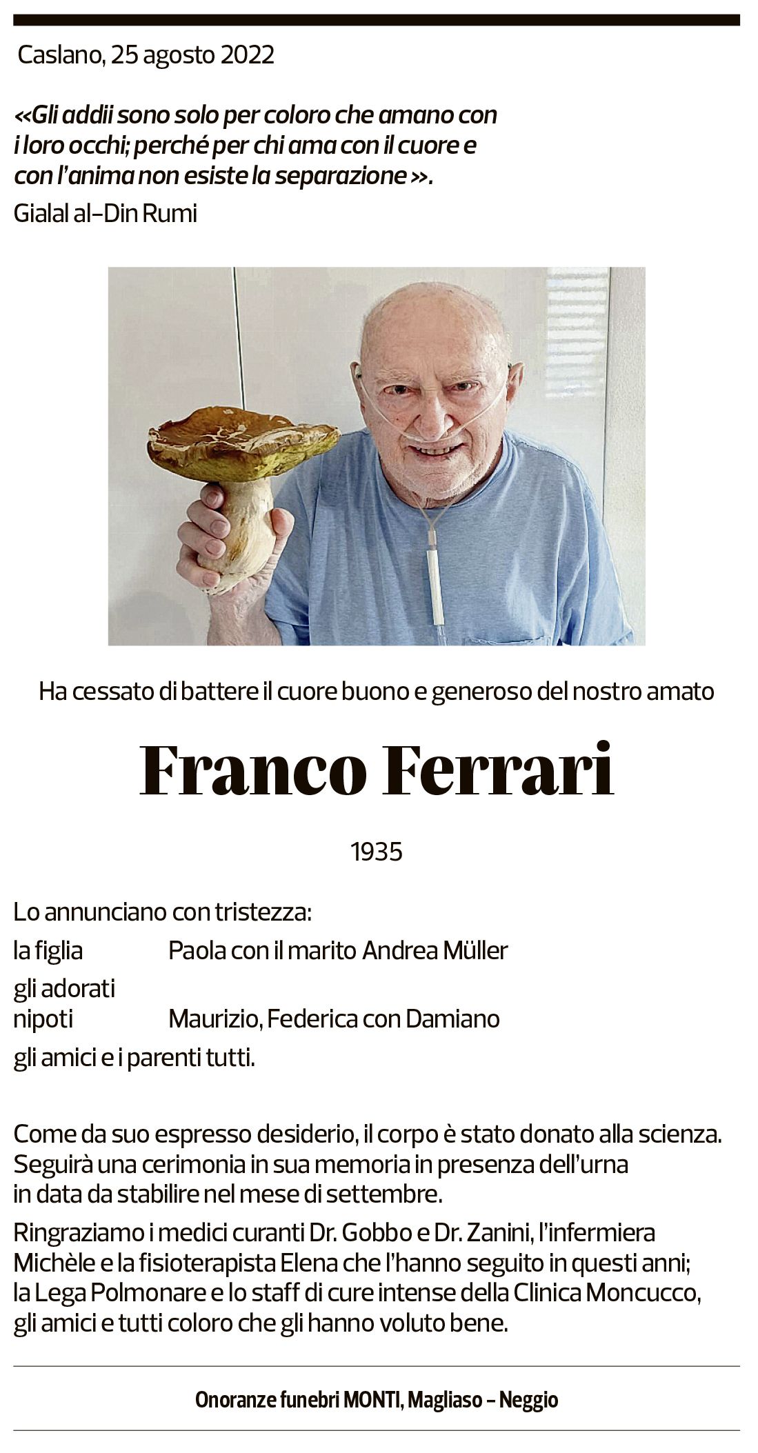 Annuncio funebre Franco Ferrari