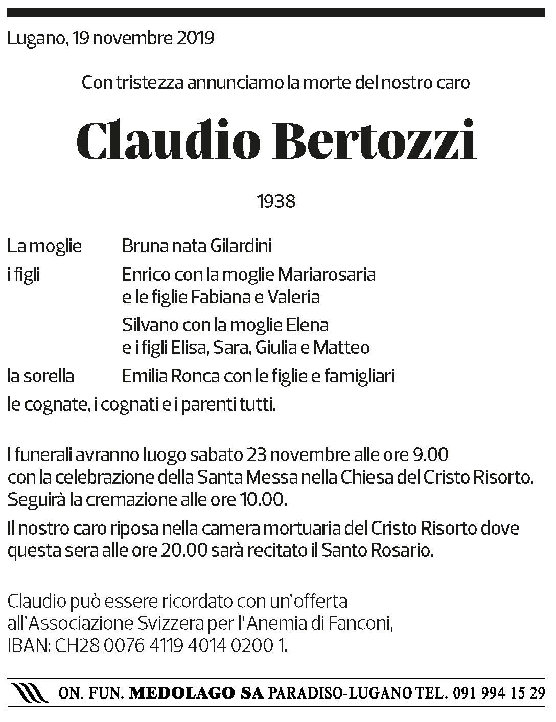Annuncio funebre Claudio Bertozzi