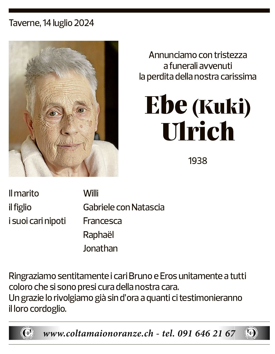 Annuncio funebre Ebe Ulrich